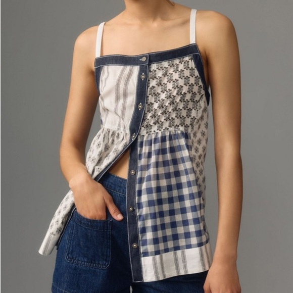 Anthropologie Tops - Anthropologie PILCRO Patchwork Button Front Cami Gingham Floral Boho Denim Trim